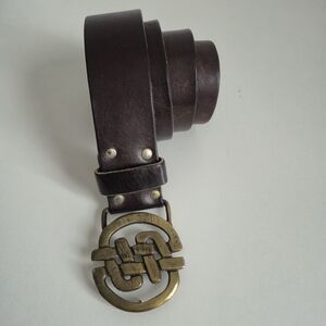 Vintage Whimsigoth Celtic Knot Leather Belt Brass Buckle Brown